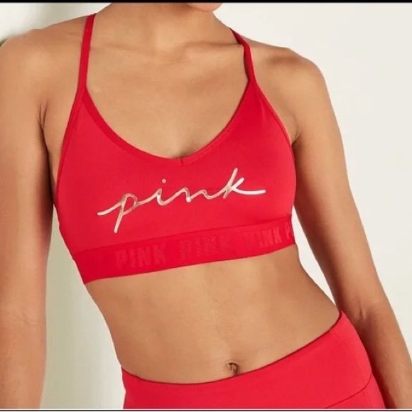 Victoria’s Secret PINK Red Gold Metallic Logo Ultimate Lightly Lined Sports Bra - Picture 1 of 9